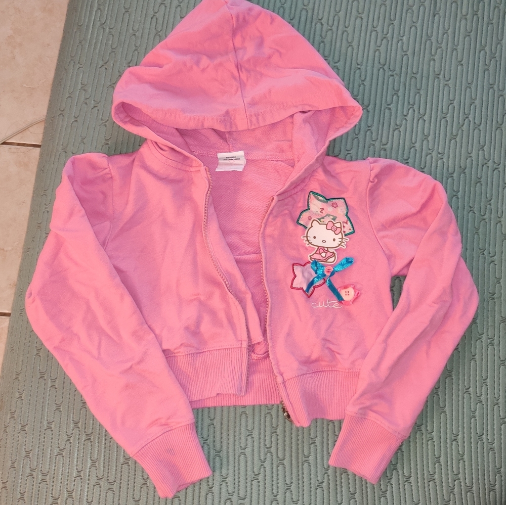 NWOT RARE Cute Hello Kitty Official Crop Charm Button Bow Ribbon Hoodie